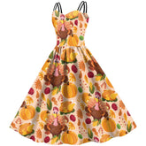 Women Dress Thanksgiving Day Series Turkey and Pumpkin Printed Dress Outfits